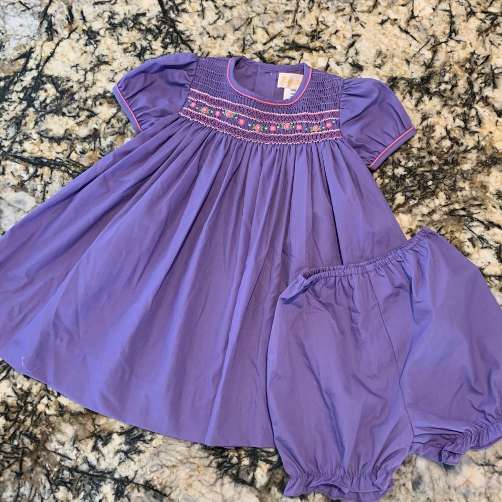 Purple smocked dress with bloomers
